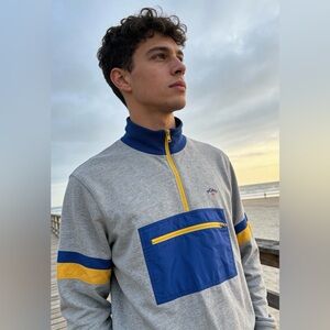 Noah NYC Gray Zip-Up Sweater with Blue and Yellow Highlights